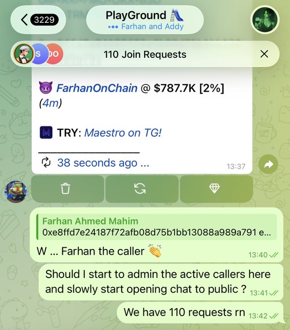 A Telegram chat screenshot from a group called 'PlayGround' showing '110 Join Requests' and messages including 'FarhanOnChain @ $787.7K [2%]' and 'TRY: Maestro on TG!'.