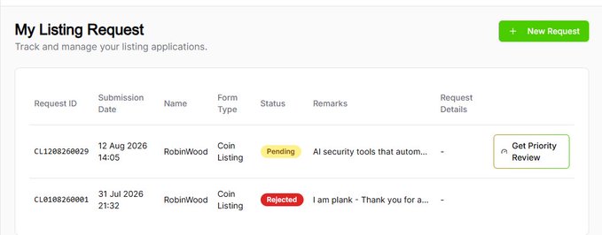 A 'My Listing Request' dashboard showing two entries for RobinWood with status tags: one marked 'Pending' (CL1208260029) and another marked 'Rejected' (CL0108260001).