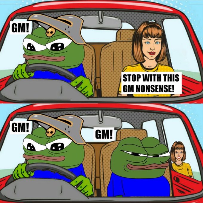 A two-panel Pepe the Frog meme about 'GM' (Good Morning) cryptocurrency greetings, showing a frog telling a woman to stop saying GM while another frog agrees.