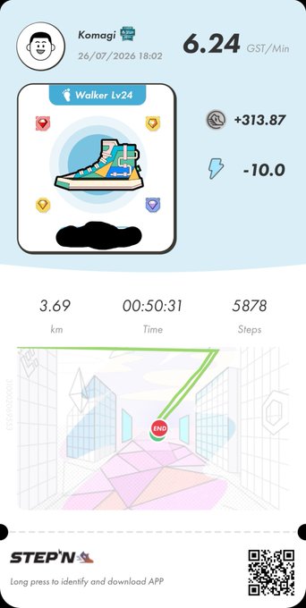 A screenshot of the STEP'N fitness app showing a 'Walker Lv24' sneaker NFT, stats including 6.24 GST/Min, 3.69 km distance, 00:50:31 time, and 5878 steps, along with a map showing the route.
