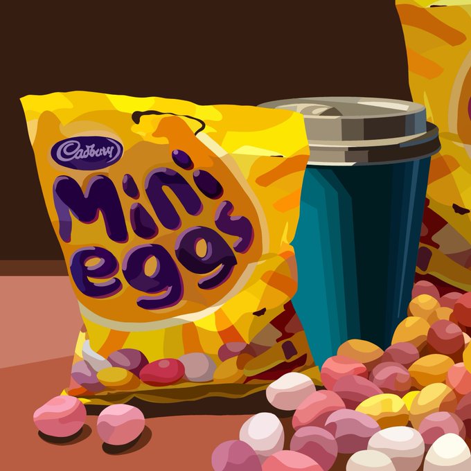 An illustration depicts a yellow bag of Cadbury Mini Eggs with colorful chocolate candies spilling out next to a blue cup.