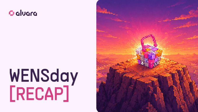 An Alvara newsletter banner titled 'WENSday [RECAP]' featuring pixel art of an unlocked padlock on a cliff at sunset.