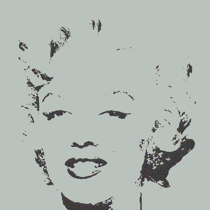 A high-contrast, stylized pop-art portrait of Marilyn Monroe rendered in black and white with blue tones, featuring bold outlines and dotted shading.