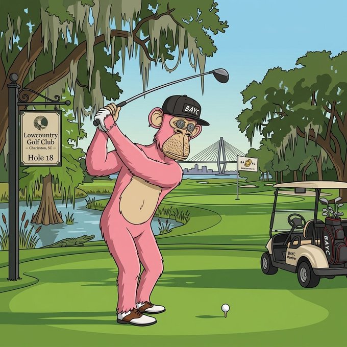 A cartoon illustration of a pink monkey swinging a golf club on a course, with a 'BAYC' cap and a sign reading 'Lowcountry Golf Club - Charleston, SC - Hole 18' visible in the scene.