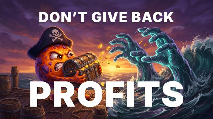 A meme featuring a pirate-coin creature defending a treasure chest against a sea monster, with the text 'DON'T GIVE BACK PROFITS'.