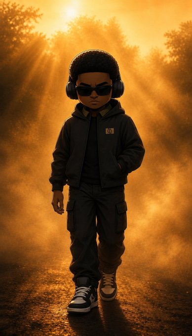 A 3D animated-style character walks confidently through a misty, golden-lit forest, wearing a black hoodie, cargo pants, sunglasses, and large over-ear headphones.