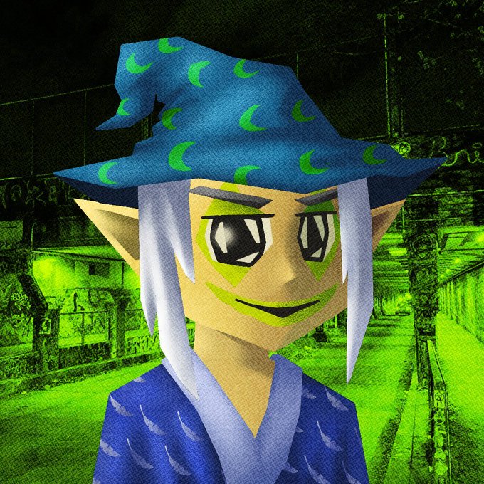 A 3D-rendered character portrait of a witch-like figure with green skin, pointed ears, white hair, and a blue wizard hat decorated with green crescent moons, wearing a blue robe.