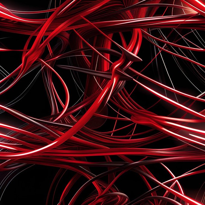 Abstract 3D rendered artwork with twisting, glossy red and black ribbons or tendrils on a black background.