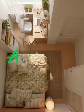 The image shows a top-down view of a small bedroom featuring a bed with floral-patterned bedding, a white chair, a desk with a laptop, and a glowing floor lamp. The green "A" marker in the image indicates layout option A, which is being compared against another arrangement (B) in the accompanying post asking viewers which furniture layout they prefer.