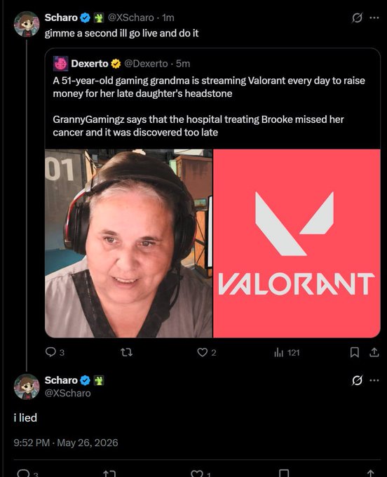 The image features a Twitter account with two posts, one of which is about a woman named Scharo who has passed away. The other post is about a gaming company called Valorant. The text in both posts includes mentions of the word "schro" and "valorant".