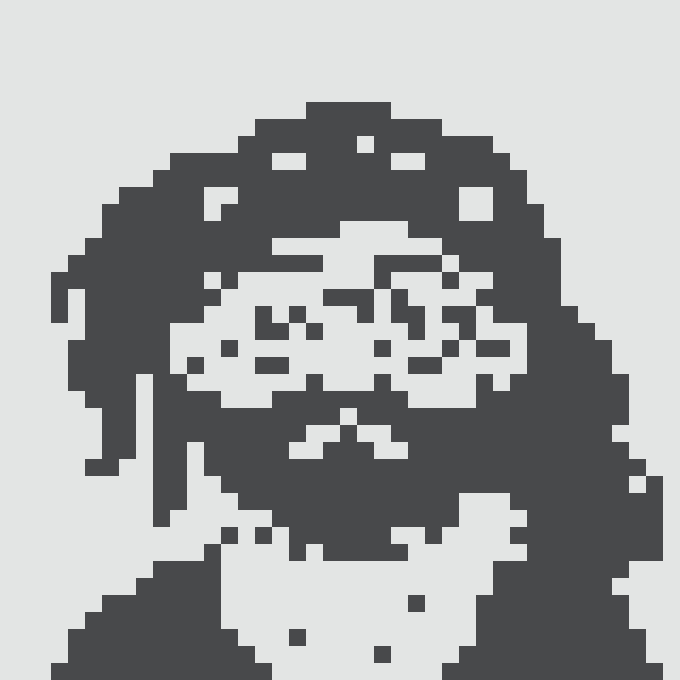A pixelated black-and-white portrait of a person with glasses and a collared shirt.