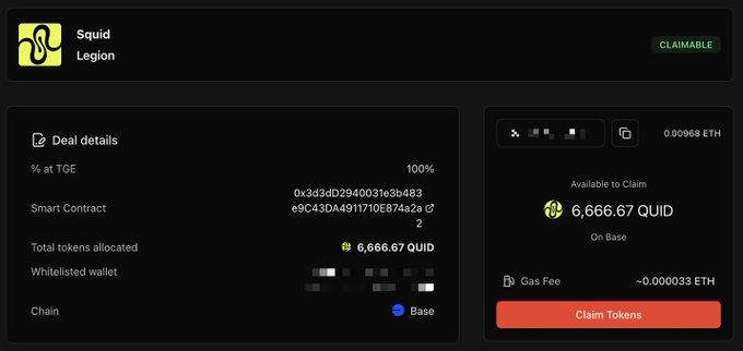 A screenshot of a Legion "Squid Legion" airdrop claim page showing a "CLAIMABLE" status with 6,666.67 QUID tokens available to claim on Base, along with deal details including a smart contract address, total allocation, and gas fee of ~0.000033 ETH. The image contrasts with the post's claim of only receiving 300 tokens, highlighting the difference between expected and actual airdrop allocations.