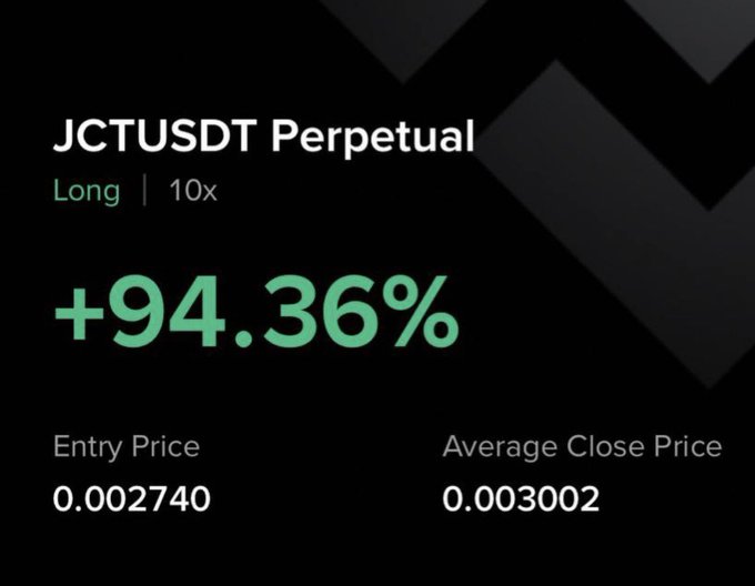 A trading app showing a JCTUSDT Perpetual long position with 10x leverage that gained +94.36%, with entry price 0.002740 and average close price 0.003002.