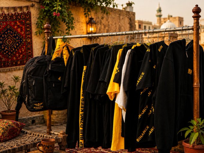 Display rack of black and yellow Binance-branded apparel and a backpack in an outdoor setting with Middle Eastern architecture and decorative rugs.