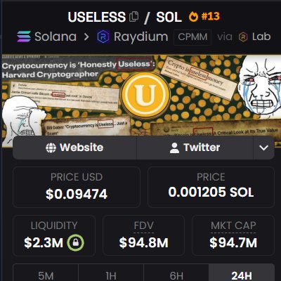 !"Useless" is displayed prominently next to Solana's name in a large, black block. The block also shows that the user has $USELESS in their account balance at the end of the day.