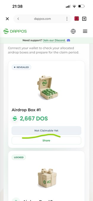 The image shows the Dappos website displaying "Airdrop Box #1" with 2,667 DOS tokens, marked as "Not Claimable Yet," directly showcasing the awaited $DOS airdrop mentioned in the post alongside its notable investors.