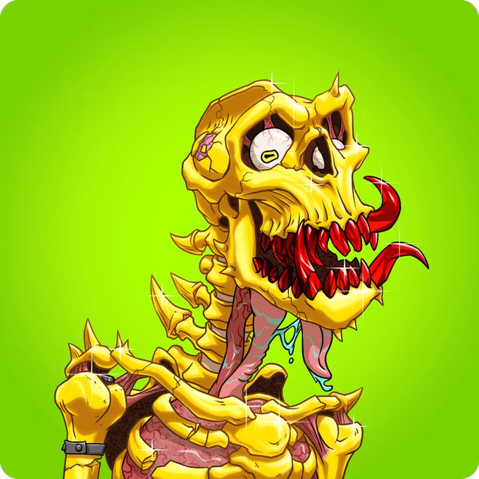 A cartoon illustration of a yellow skeletal monster with red fangs, drooling tongues, and spiky bones against a bright green background, resembling a Bored Ape-style NFT.