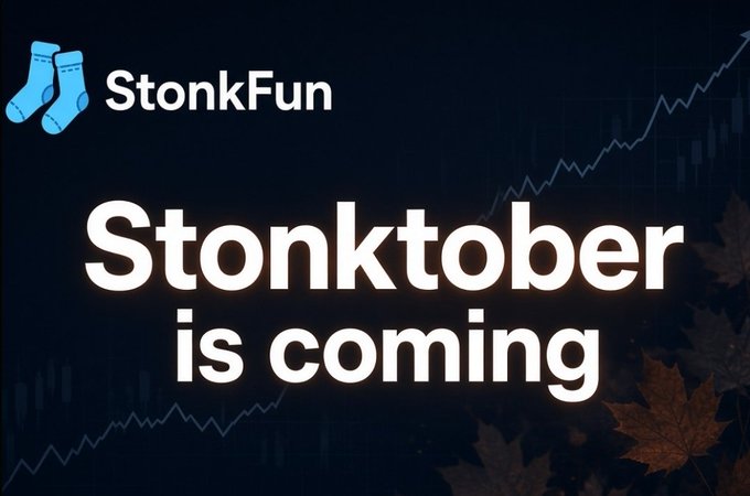A promotional graphic for 'StonkFun' featuring the company logo with blue socks, announcing 'Stonktober is coming' against a dark background with an upward-trending stock chart and autumn leaves.