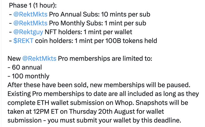 A text outlining 'Phase 1 (1 hour)' minting details for @RektMkts Pro Annual Subs (10 mints per sub), Pro Monthly Subs (1 mint per sub), @Rektguy NFT holders (1 mint per wallet), and $REKT coin holders (1 mint per 100B tokens held).