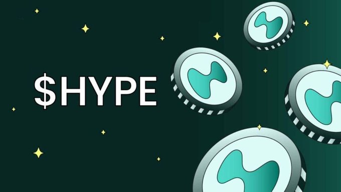 A promotional graphic with the text '$HYPE' next to floating teal and white coin-like tokens against a dark green starry background.