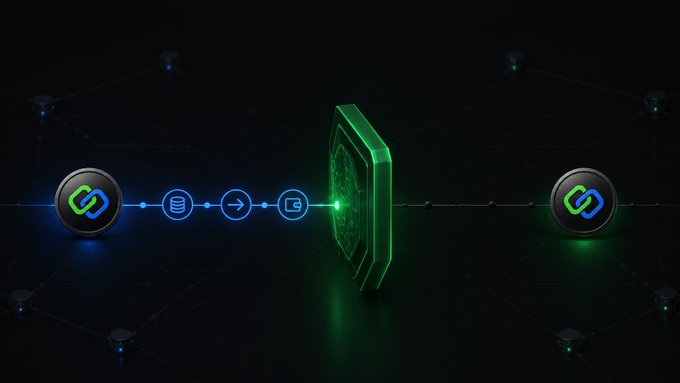 A 3D digital illustration showing a green glowing hexagonal token acting as a central bridge between two circular tokens with green and blue chain-link icons, connected by a line of glowing blue blockchain node symbols.