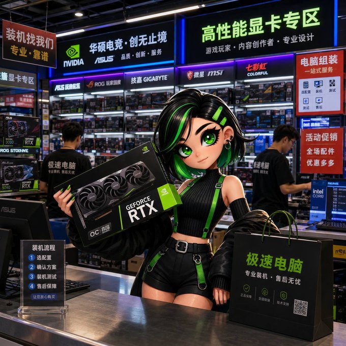 An anime-style character with green-streaked hair holding a GeForce RTX graphics card box in a Chinese computer hardware store, surrounded by signs with Chinese text and logos for NVIDIA, ASUS, ROG, GIGABYTE, and MSI.
