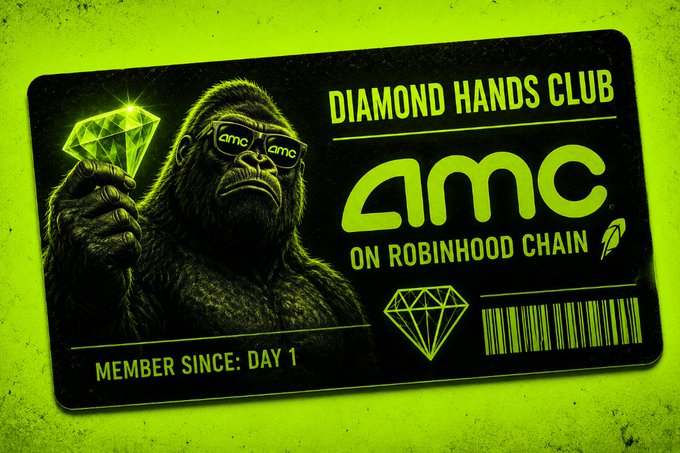 A neon green and black graphic for the 'DIAMOND HANDS CLUB' featuring a gorilla wearing AMC sunglasses and holding a diamond, promoting 'AMC ON ROBINHOOD CHAIN' as a member since day 1.