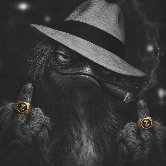 A black and white illustration of a humanoid creature wearing a fedora and smoking a cigar, with gold rings bearing a 'Z' symbol on its clawed fingers.