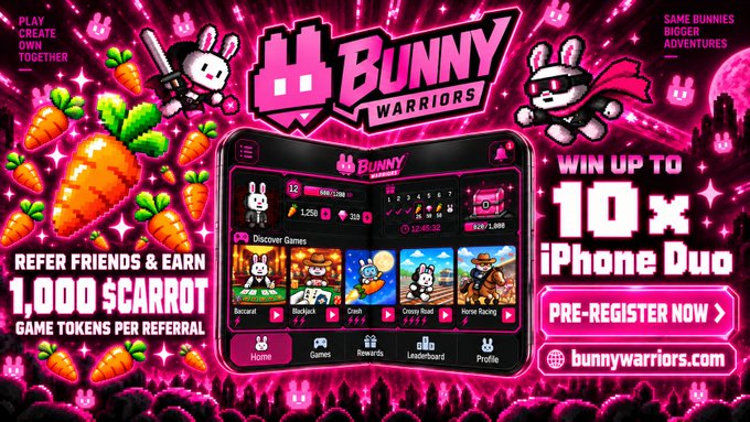 A promotional banner for 'Bunny Warriors' game featuring pixel-art characters, offering up to 10x iPhone Duo rewards, with 1,000 $CARROT tokens per referral and a pre-registration link at bunnywarriors.com.