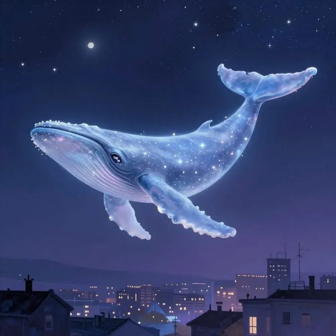 A fantasy digital illustration depicts a cosmic whale filled with stars and nebulae floating in a starry night sky above a city skyline lit with small windows.