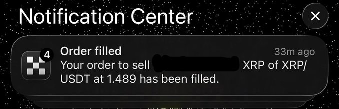 A Notification Center alert shows an "Order filled" message indicating a sell order of XRP/USDT at 1.489 was executed 33 minutes ago, supporting the poster's claim of waking up to a +50% gain on XRP after passing out from sleepless trading.