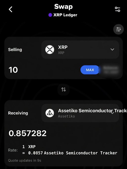 A mobile cryptocurrency swap screen showing 10 XRP being exchanged for 0.857282 Assetiko Semiconductor Tracker on the XRP Ledger.