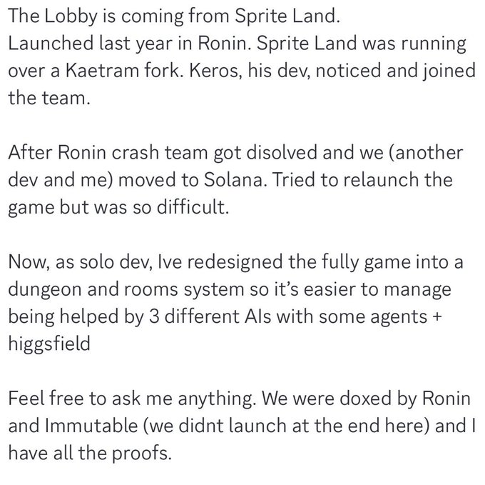 The image contains a text statement explaining the origins of The Lobby ($LOBBY), stating it originated from Sprite Land (launched on Ronin via a Kaetram fork) and noting developer Keros joined the team, before the project moved to Solana and was eventually redesigned by a solo developer into a dungeon and rooms system with AI assistance. The post ends with a note claiming the project was "doxed" by Ronin and Immutable, with the author offering to provide proof.