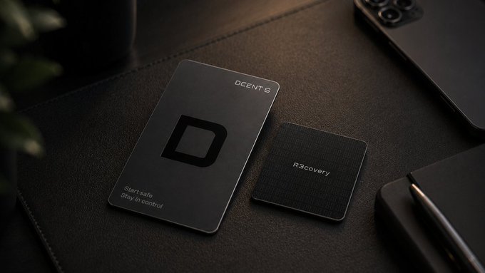 A sleek black DCENT S card and R3covery card rest on a textured leather surface, embodying the "card-sized mobility" and "true self-custody" promised by the launch offer. The minimalist design reflects the product's emphasis on portable, secure crypto management.