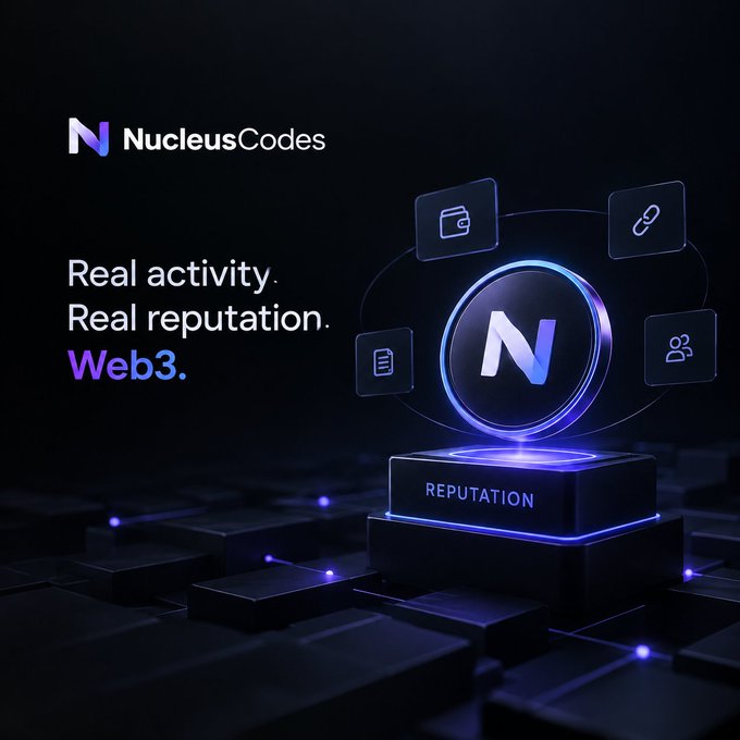 A promotional graphic for NucleusCodes displays the text 'Real activity. Real reputation. Web3.' alongside a glowing blue 'N' logo surrounded by icons representing files, links, documents, and users, all atop a block labeled 'REPUTATION'.