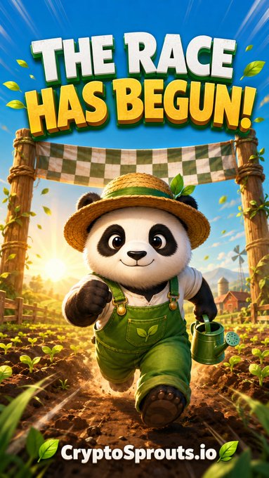 A promotional image for CryptoSprouts.io featuring a 3D-rendered panda character in farmer attire running through a garden, with bold text announcing 'THE RACE HAS BEGUN!' at the top.