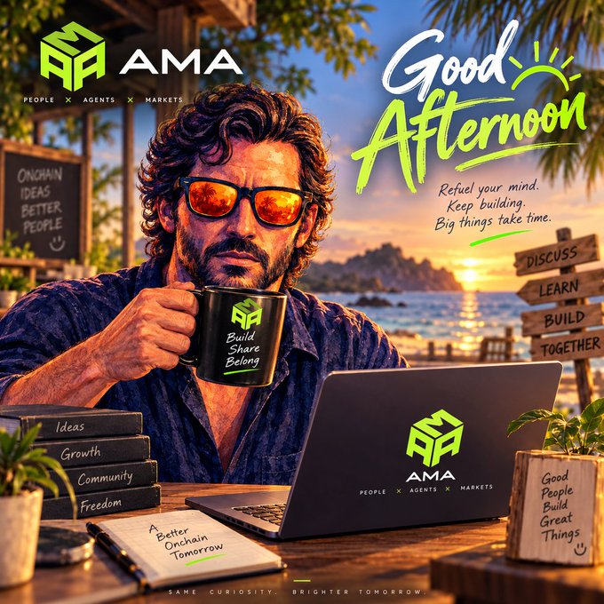 A promotional graphic for 'AMA - PEOPLE × AGENTS × MARKETS' featuring a bearded man holding a branded mug at a beach setting, with text 'Good Afternoon' and 'Refuel your mind. Keep building. Big things take time.'