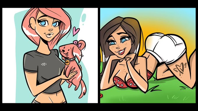 Two cartoon-style illustrations: one of a pink-haired girl holding a small pink dog, and another of a brown-haired girl in a bikini on grass.