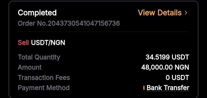 A completed cryptocurrency P2P trade receipt showing a sale of 34.5199 USDT for 48,000.00 NGN via bank transfer. The post's advice to "remove small USDT from your wallet and go touch grass" humorously relates to converting even small crypto balances—like this 34 USDT—into usable fiat.