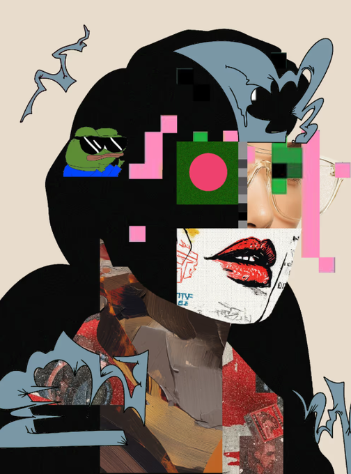 A surreal digital collage art piece featuring a black silhouetted figure composed of various cut-out images including Pepe the Frog with sunglasses, red lips, geometric shapes, and textured patterns on a cream background.