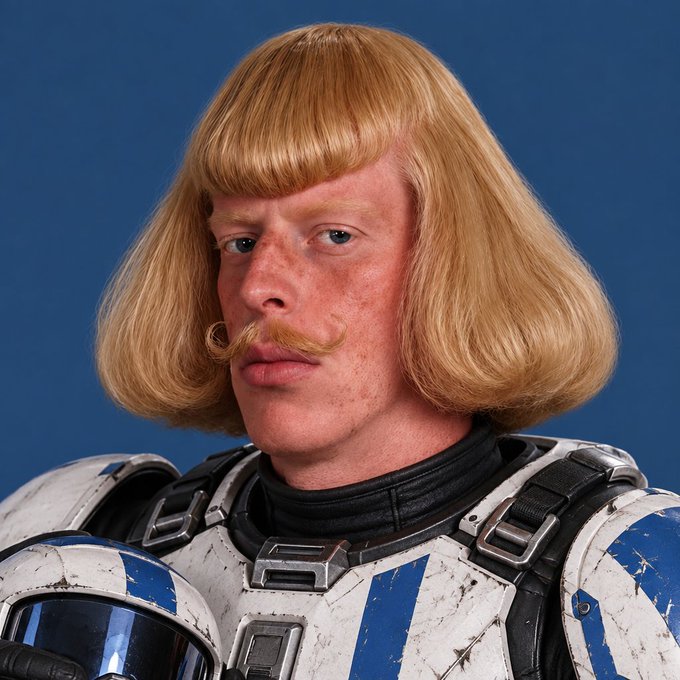 The image shows a person cosplaying as the Star Wars character Bo Katan Kryze, featuring her iconic blonde bob haircut, curled mustache, and battle-worn blue and white Mandalorian armor with a helmet resting at the waist. The post's mention of trading for a "single crystal palace eth" relates to the image by playing on the word "crystal" — a humorous nod to the character's crystal-based Star Wars universe while discussing a cryptocurrency/ETH exchange.