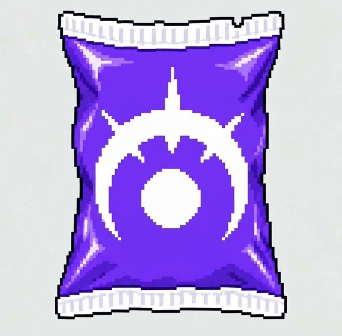 A pixel-art illustration of a purple snack bag or chip package with a white crescent moon symbol and crimped edges, set against a light gray background.