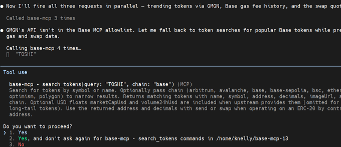 A terminal screenshot shows an AI agent's troubleshooting process as it attempts to fetch trending Base tokens via GMGN but discovers the API isn't allowlisted, falling back to a `base-mcp` `search_tokens` query for "TOSHI" with a confirmation prompt awaiting user input.