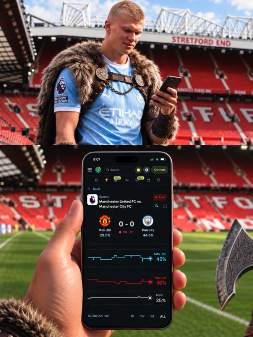 A composite image showing a man in a Manchester City kit with fur shoulder armor looking at a smartphone, while the bottom half displays a sports betting app showing a live match between Manchester United and Manchester City FC with a 0-0 score, set against Old Trafford's Stretford End.