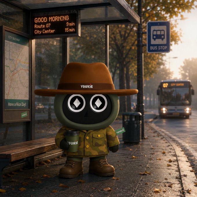 A 3D-rendered character called 'YOUKIE' wearing a brown hat and camo jacket, standing at a bus stop with an OLED sign reading 'GOOD MORNING, Route 07, City Center'.