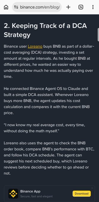 A Binance blog article titled '2. Keeping Track of a DCA Strategy' discusses user Loreano using Binance Agent OS with Claude to track BNB purchases and average costs.