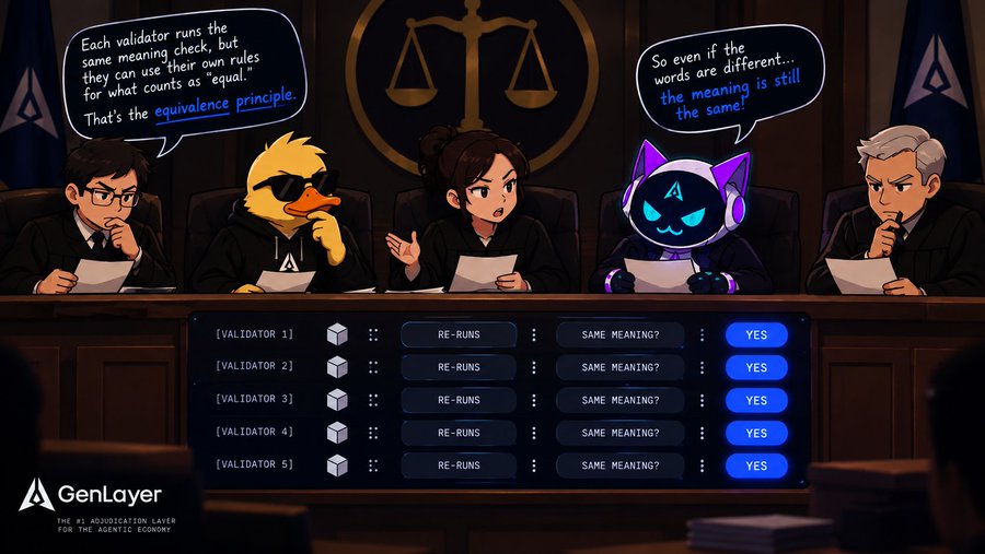 An illustrated GenLayer panel features judges, including a duck and a cat in a hoodie, evaluating with the 'equivalence principle' to determine 'SAME MEANING?' as YES across five validators.