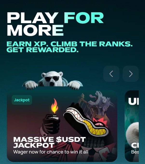 Promotional graphic with 'PLAY FOR MORE' and 'EARN XP. CLIMB THE RANKS. GET REWARDED.' text, featuring a polar bear in sunglasses and a 'MASSIVE $USDT JACKPOT' wager card with a Joker-style character.