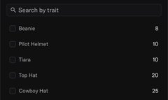 Dark interface showing a 'Search by trait' filter menu for NFTs, listing traits like Beanie, Pilot Helmet, Tiara, Top Hat, and Cowboy Hat with numerical values.