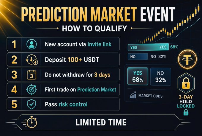 A promotional graphic for a 'PREDICTION MARKET EVENT' detailing qualification steps such as 'New account via invite link' and 'Deposit 100+ USDT', featuring YES/NO market odds and a 'LIMITED TIME' banner.